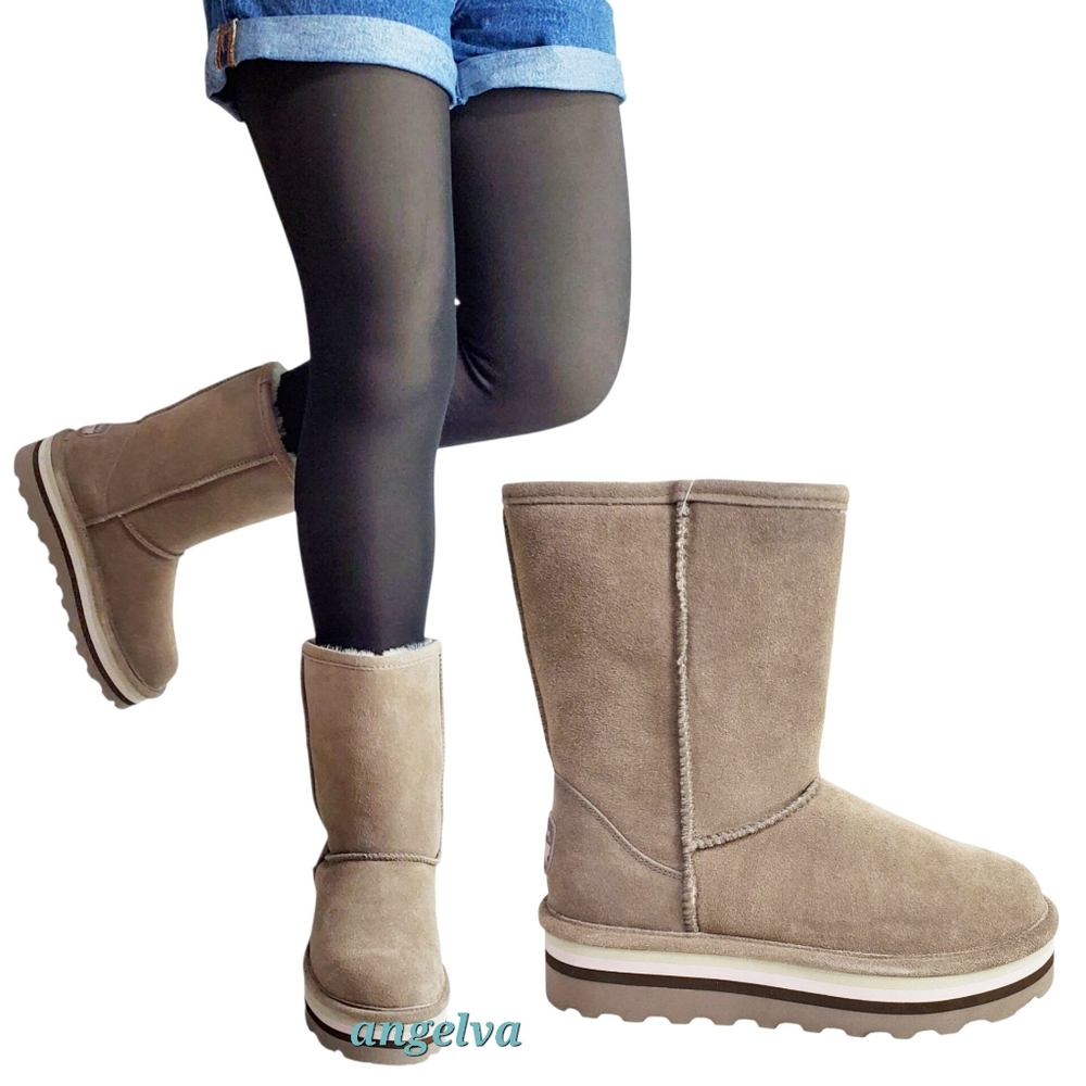 NWT Bearpaw retro Elle suede winter boots gray wool blend platform waterproof